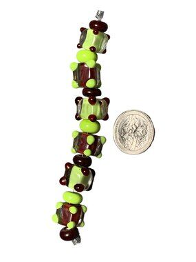 Handmade Lampwork Green & Brown Glass Beads Cube Round